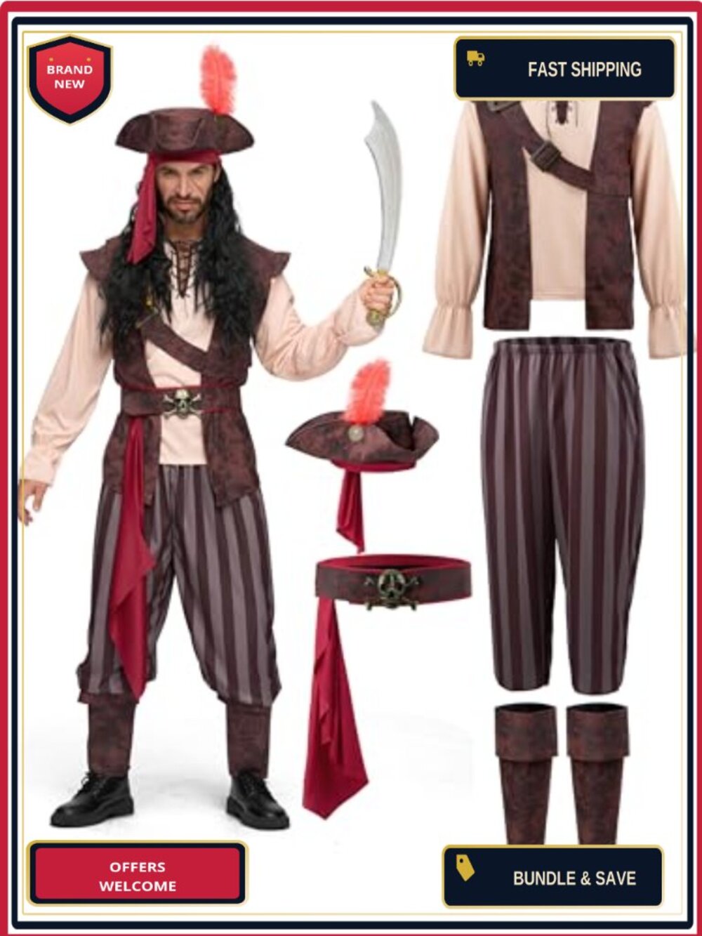 Men's Caribbean Pirate Costume 7-Piece Set Polyester Halloween Sea Captain